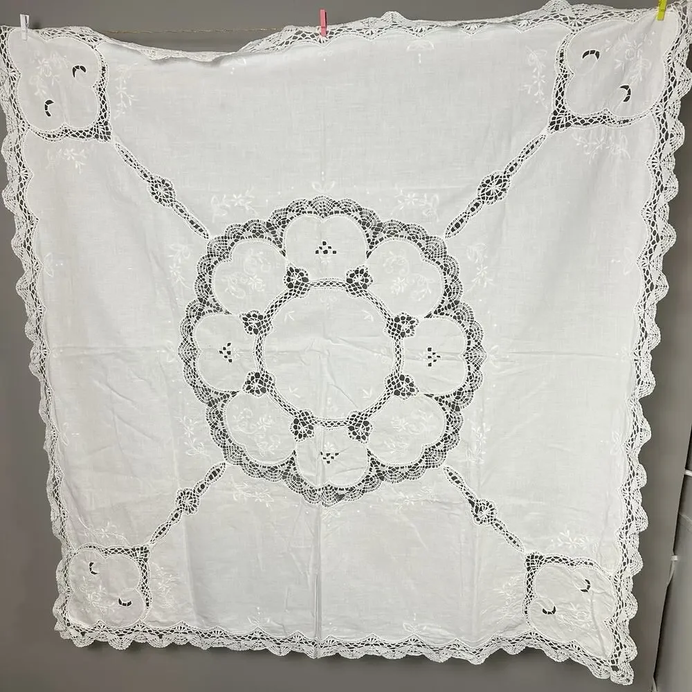 Tablecloth Cottagecore Embroidered Floral Linen Square Scalloped Boho Heirloom